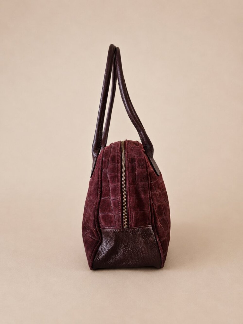 Burgundy Italian Leather & Croc-Embossed Suede Shoulder Bag – Large Dome Handbag - Picture 9 of 15